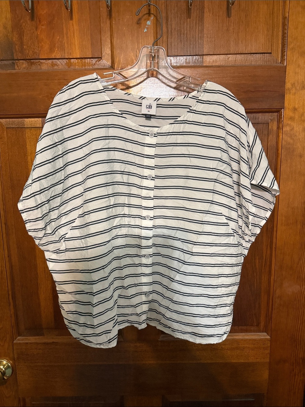 CAbi White and Navy Striped Button-Down Women's Top